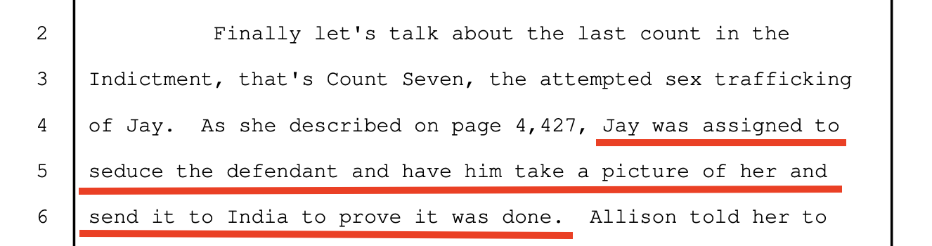 Government's closing argument — attempted sex trafficking count is Jay's refused assignment