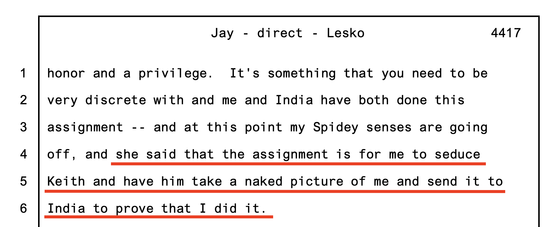 Jay trial testimony — the assignment was to 'seduce Keith and have him take a naked picture'