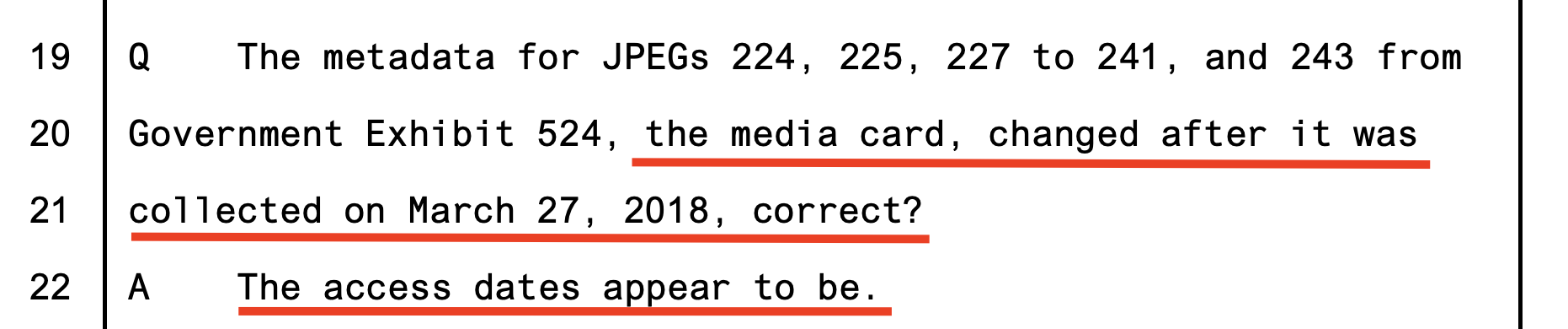 Booth testimony — media card metadata changed after collected on March 27, 2018