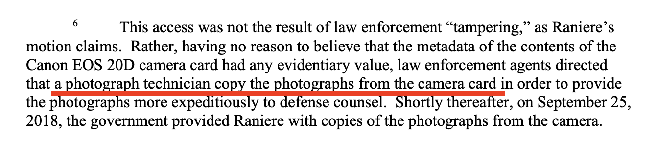 Doc. 1213 footnote 6 — photograph technician directed to copy photographs from the camera card