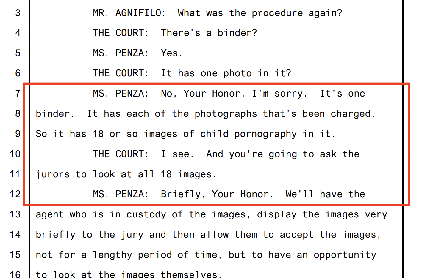 Trial transcript, June 12, 2019, p. 4861 — Penza '18 or so images of child pornography', confirmed to judge