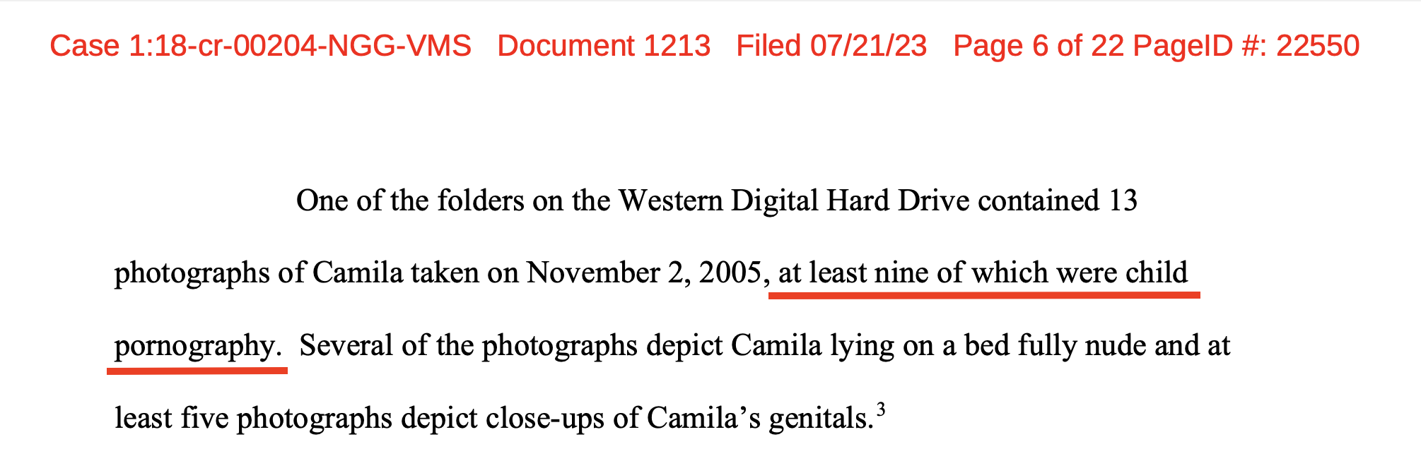 Post-trial Doc. 1213 (July 21, 2023), p. 6 — 'at least nine ... were child pornography'
