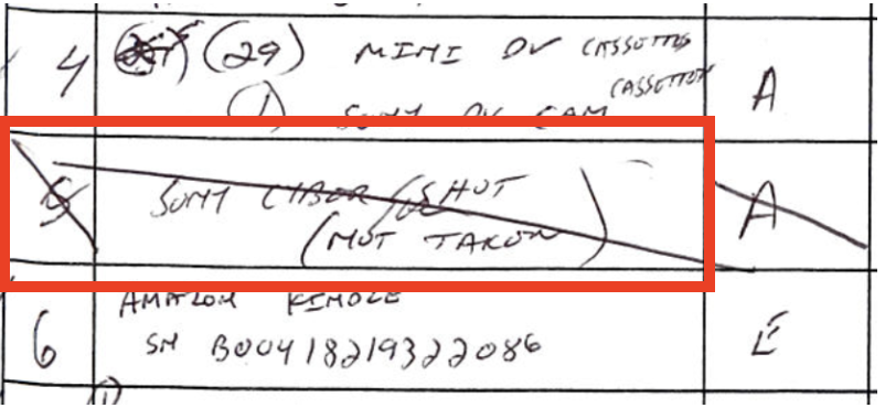 FBI evidence collection log — Sony Cybershot partially logged but not collected