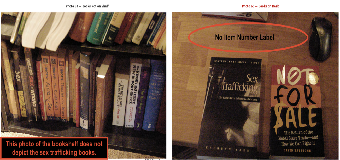 Side-by-side — photo 64 (bookshelf, no trafficking books) vs. photo 65 (books on desk, no item-number label)