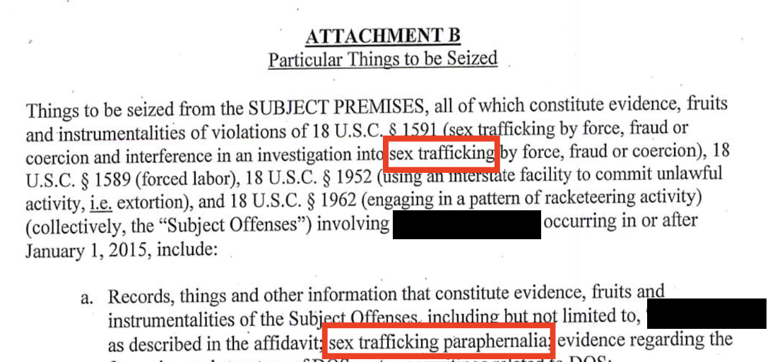 Search warrant Attachment B — 'sex trafficking paraphernalia' expressly listed as items to be seized