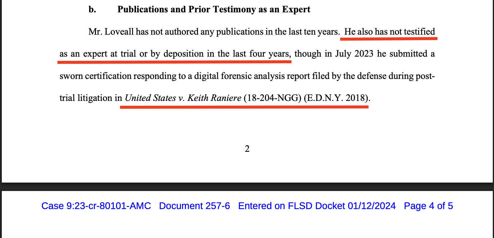 Jack Smith exhibit showing Loveall's expert disclosure — no publications or prior testimony outside the Raniere case