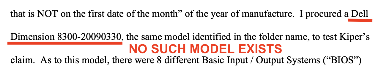 Loveall report claim that he procured a Dell Dimension 8300-20090330 — annotated: no such model exists
