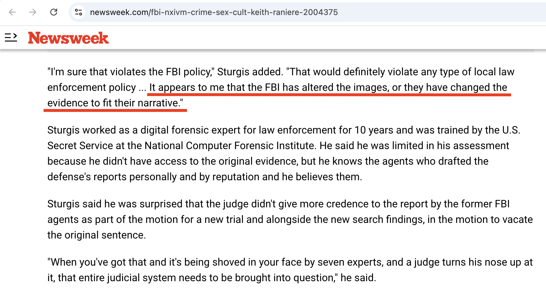 Newsweek article excerpt showing independent expert agreeing the FBI altered images