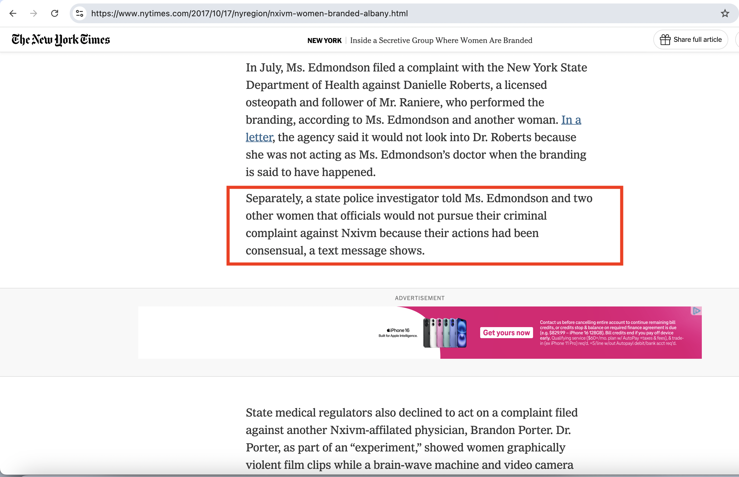NYT 10/17/2017 — NY State Police characterize activities as consensual