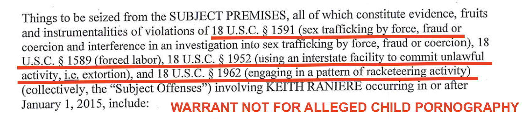 8 Hale Warrant Attachment B — offenses enumerated: sex trafficking, forced labor, extortion, racketeering. Annotated: WARRANT NOT FOR ALLEGED CHILD PORNOGRAPHY