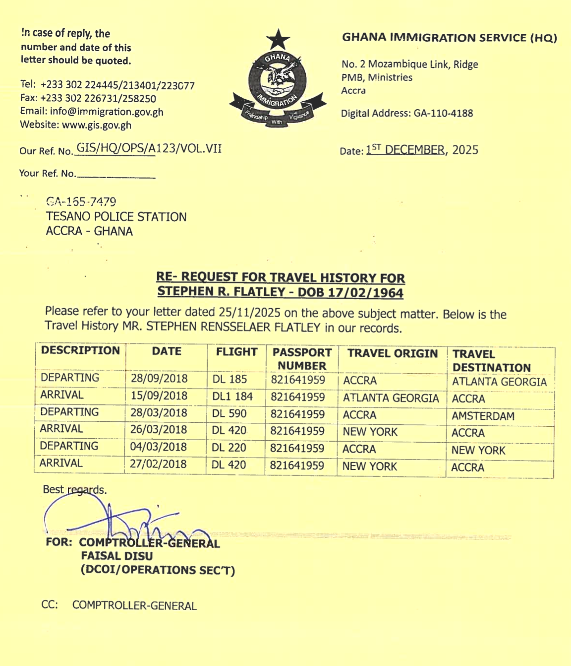 Ghana Immigration Service letter listing Stephen R. Flatley's complete travel history — six entries, all in 2018, none in 2019