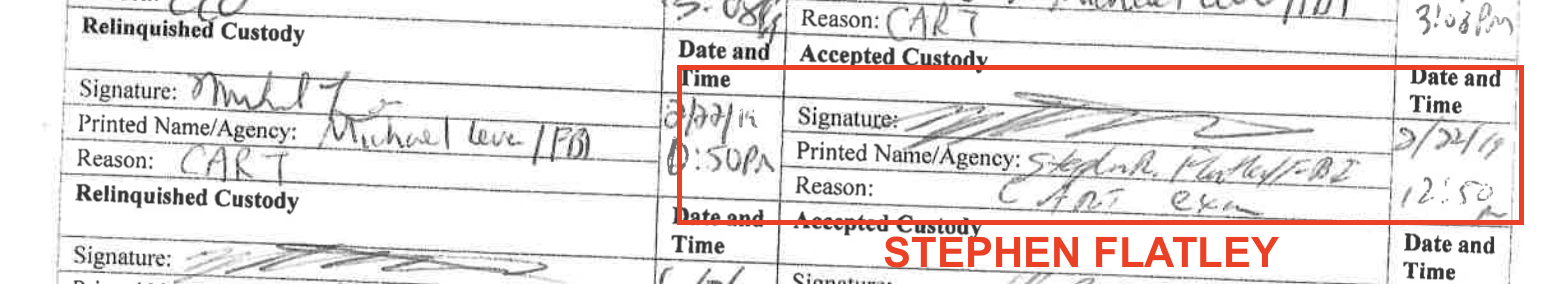Chain of custody record showing Stephen Flatley as the FBI examiner who received and analyzed the Camera One memory card