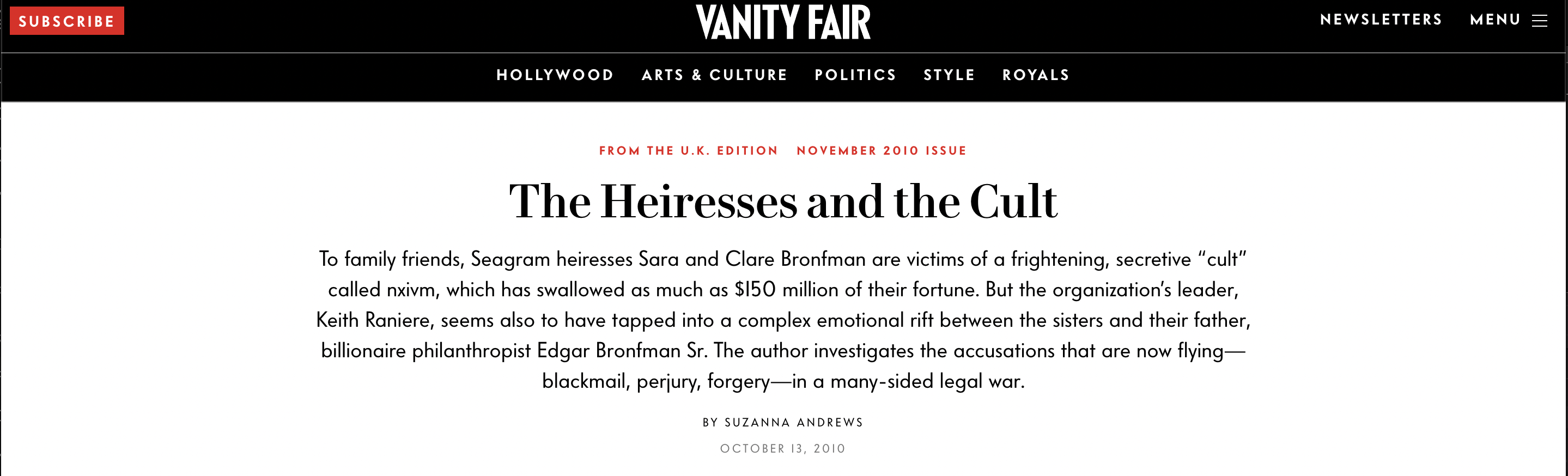 Vanity Fair, November 2010 — 'The Heiress and the Cult' by Suzanne Andrews