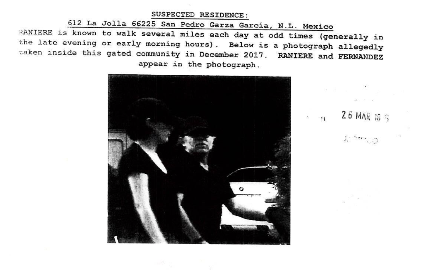 US-provided Mexican immigration file entry noting Raniere is known to walk several miles each day at odd times, with photograph