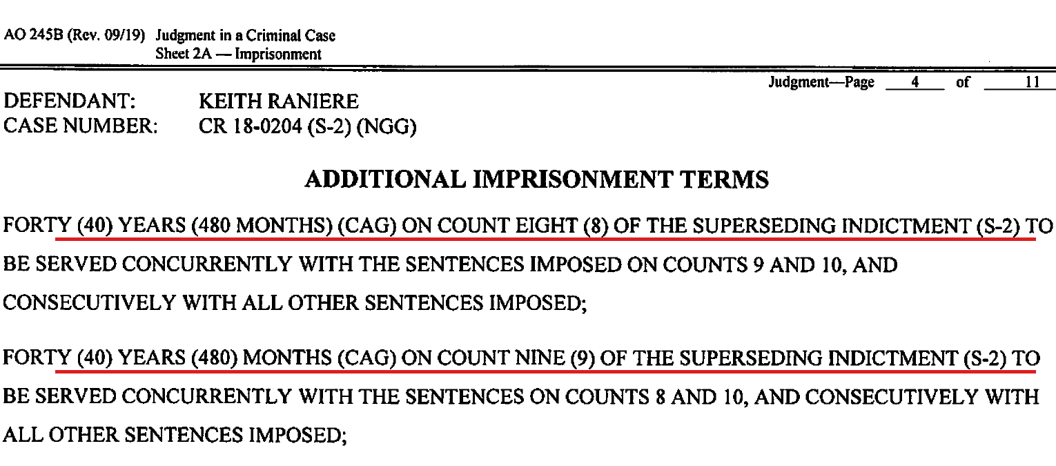 Judgment Dkt. 969 p.4 — 40 years on Counts 8 and 9, concurrent